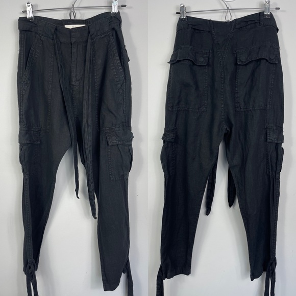 JOIE Erlette Cropped Linen Cargo Pants High Waisted Slouch Waist Ankle Tie Black - Picture 5 of 15